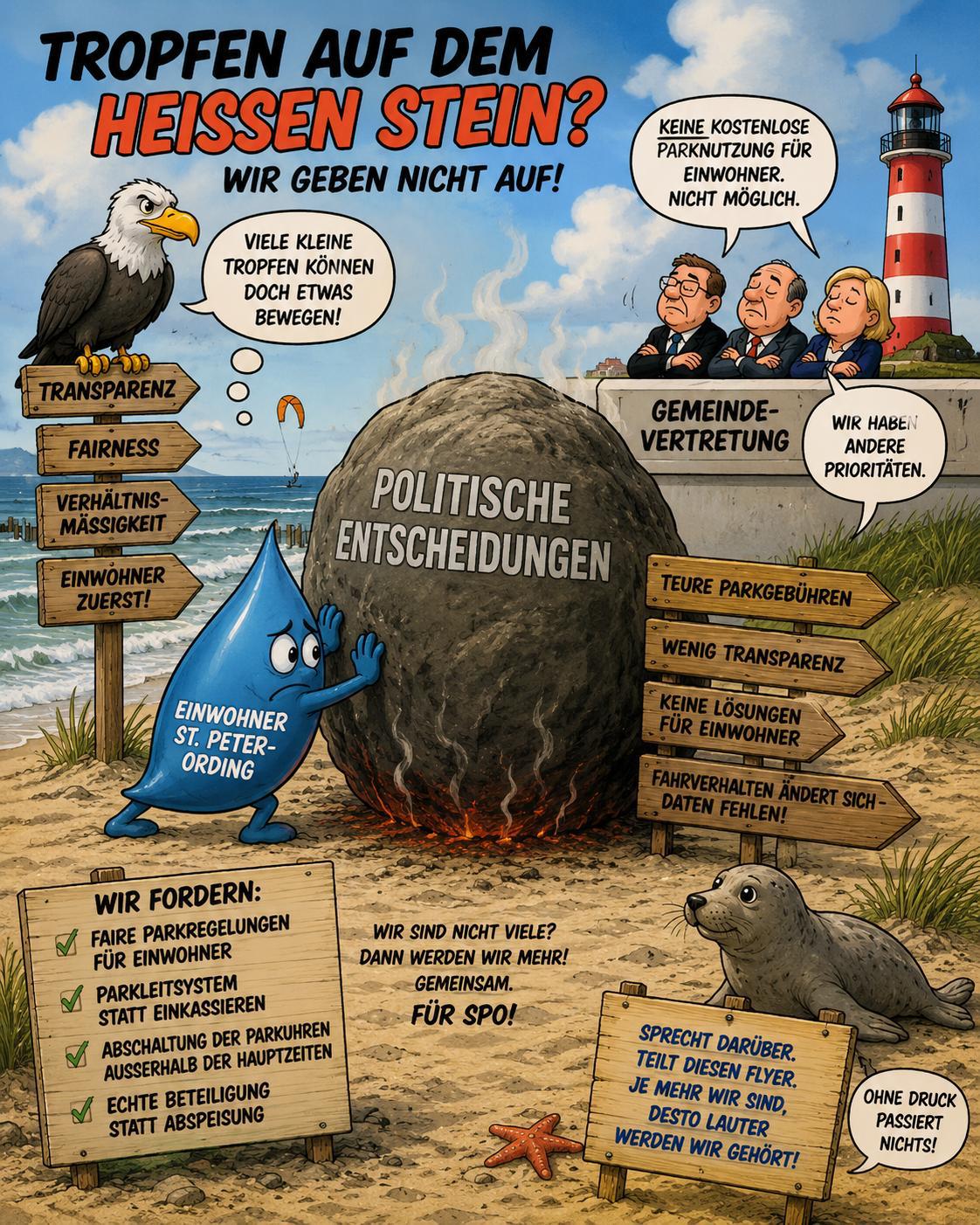 Kampagnenmotiv: Tropfen auf dem heißen Stein – Forderungen des Seniorenbeirats für faire Parkregelungen in Sankt Peter-Ording