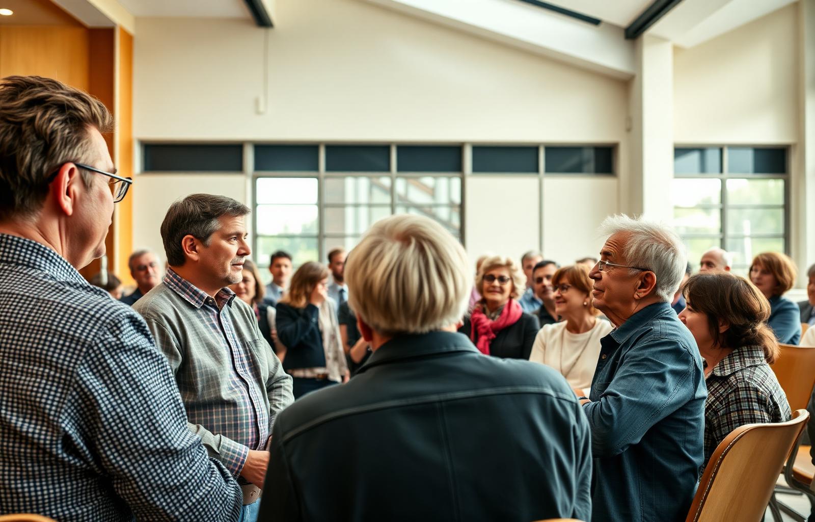 Bürgerinnen und Bürger im Gespräch bei einer Versammlung